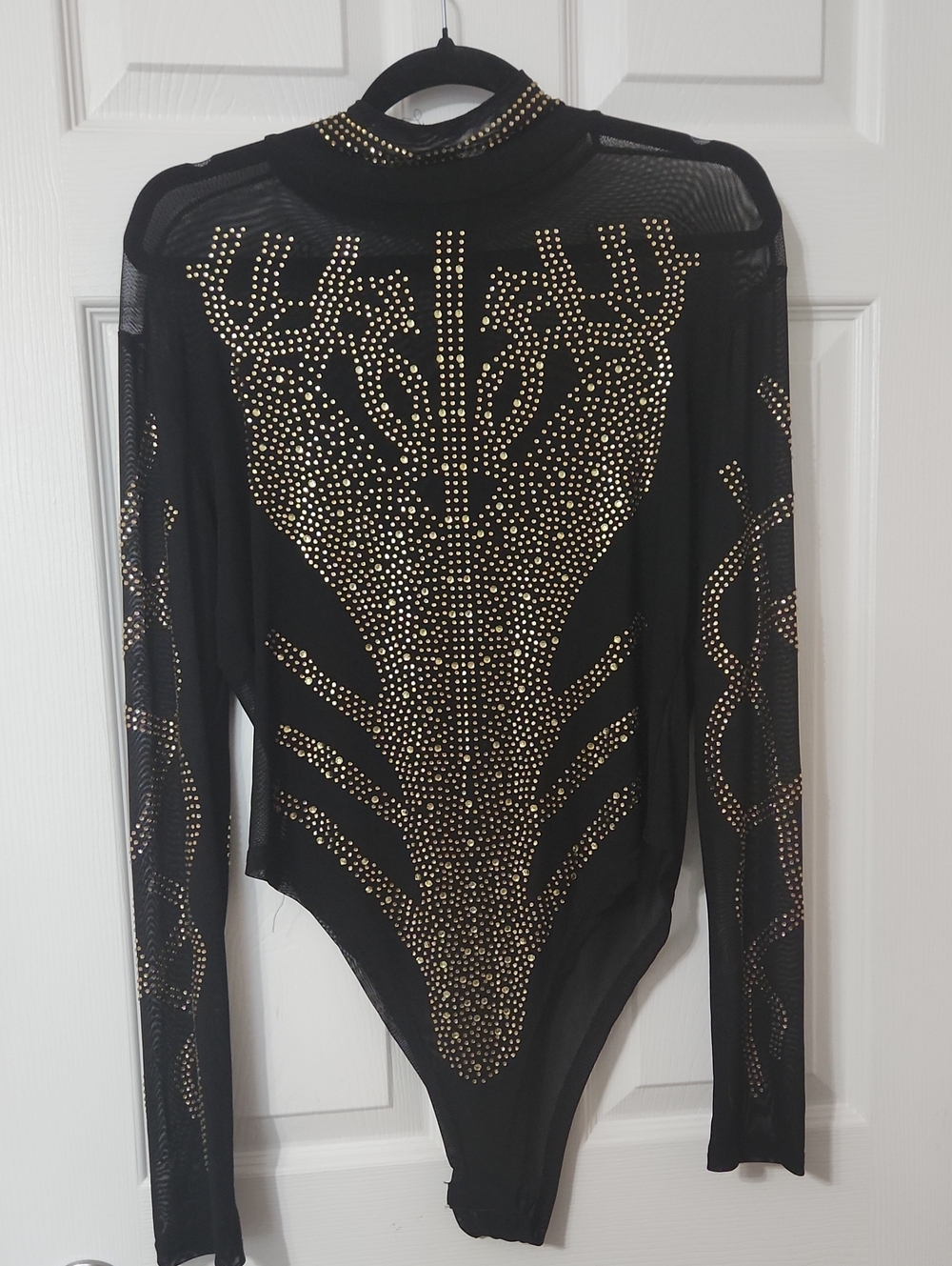 Chic Party Rave Sheer Black Long-Sleeve Mesh Bodysuit with Gold Studs